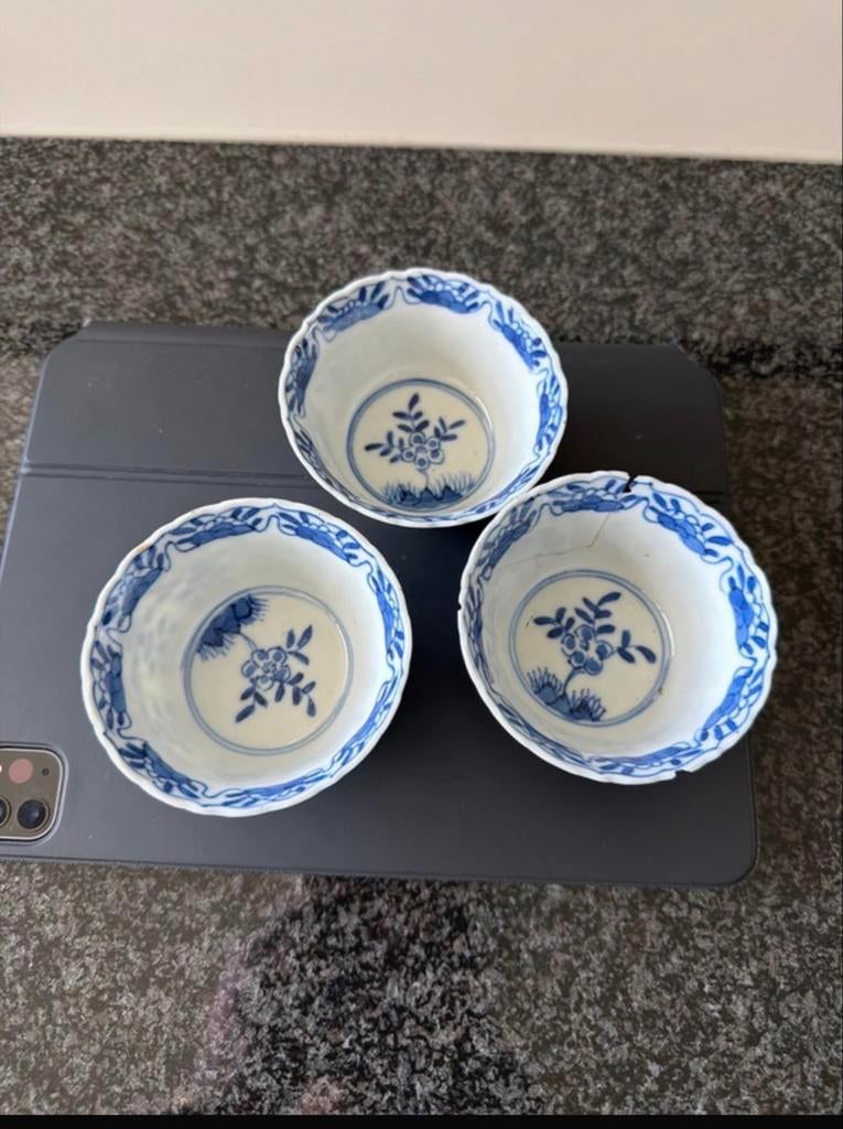 Set van 3 Chinese porseleinen theekommetjes - Blauw/Wit, Ophalen of Verzenden