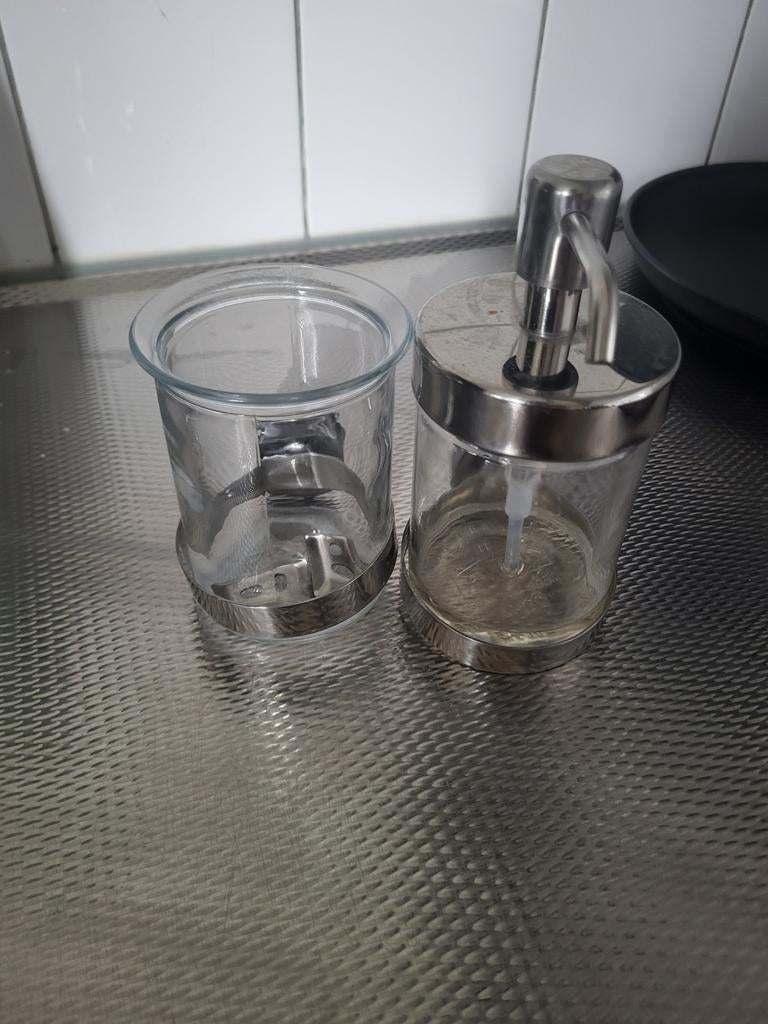 Glazen houder en zeepdispenser set, Ophalen, Zilver, Overige merken, Glas