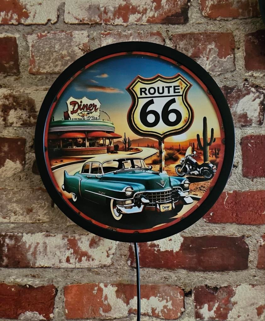 Route 66 reclamebord met ledverlichting, Ophalen of Verzenden, Reclamebord