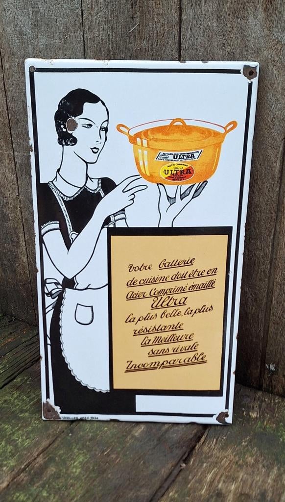 Emaille reclamebord Ultra voor potten en pannen., Reclamebord, Gebruikt, ., Ophalen of Verzenden
