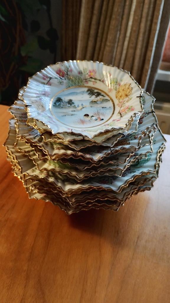 Antieke handgeschilderde porseleinen Japanse bordjes 14 st, Antiek en Kunst, Antiek | Porselein, Ophalen of Verzenden