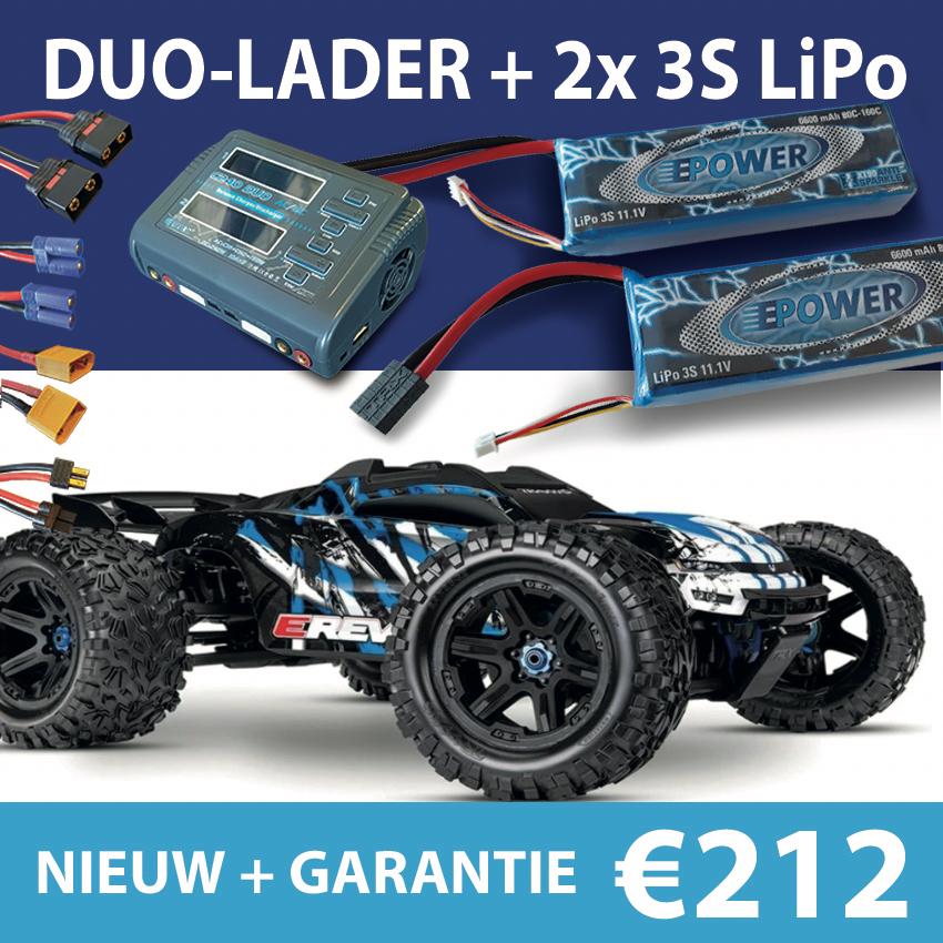AANBIEDING voor Traxxas E-REVO 1/8 lipo's + lader €212 NIEUW, Elektro, Auto offroad, Nieuw, Ophalen of Verzenden