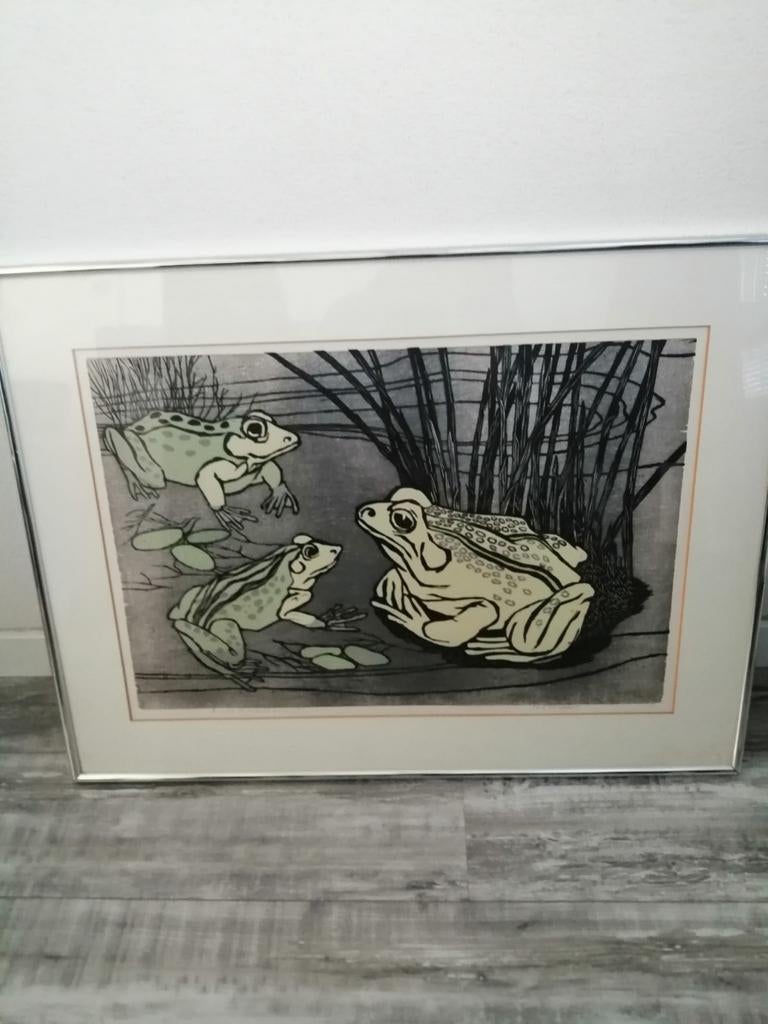 Vintage : Kikkers in de vijver, gesigneerd, Ophalen, 1950 - 1999, Origineel, Houtsnede
