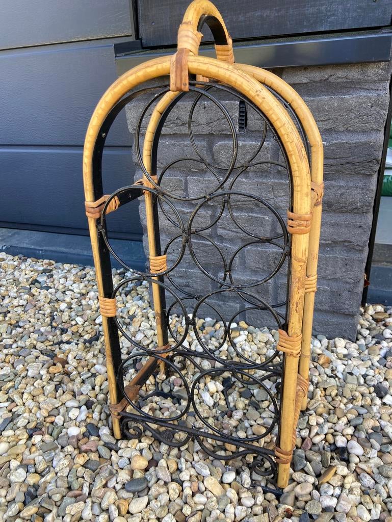 Vintage bamboe wijnrek 7 flessen retro keurige staat, Ophalen of Verzenden