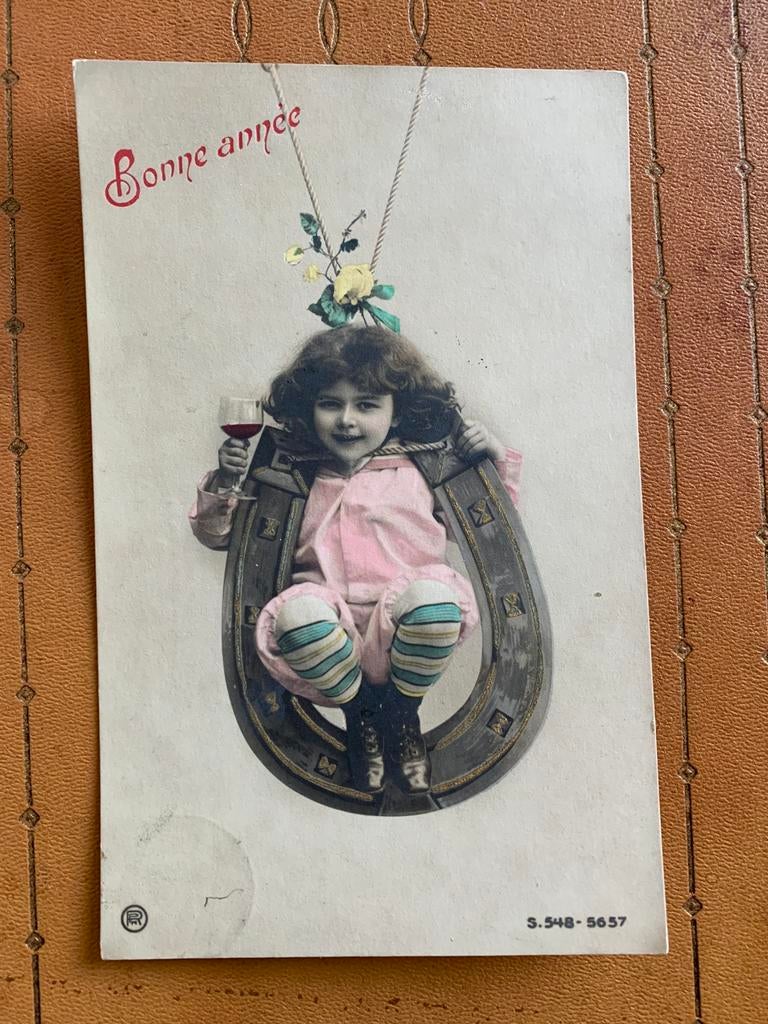 1906 Bonne Année - Meisje met glaasje wijn in hoefijzer, Ophalen of Verzenden, Voor 1920, Gelopen, Feest(dag)