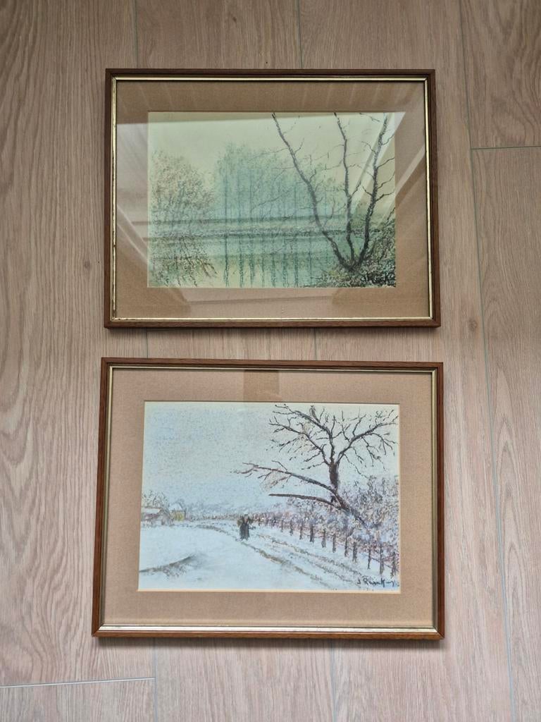 Twee gesigneerde winterlandschappen, aquarel/pastel, Ophalen of Verzenden