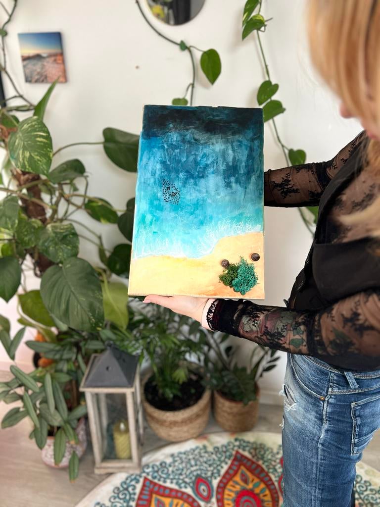 Uniek Schilderij: Zeegezicht met Strand en Mosdetails, Antiek en Kunst, Ophalen of Verzenden