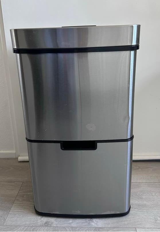afvalscheidingsprullenbak, 3 compartimenten met sensor, Huis en Inrichting, Ophalen, Gebruikt, 40 liter of meer, Rvs