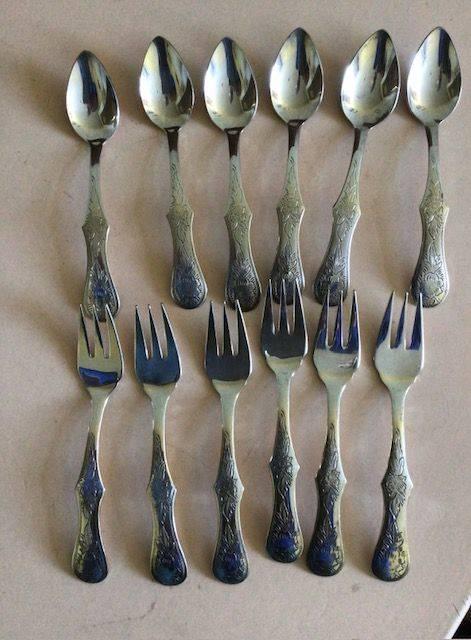 biedermeier, 6 lepeltjes, 6 gebaksvorkjes, Ophalen of Verzenden, Gebruikt, Overige materialen, Los bestek