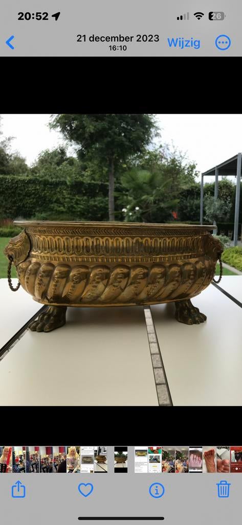 Antieke koperen  plantenbak jardiniè met  leeuwenkoppen, Ophalen of Verzenden, Koper