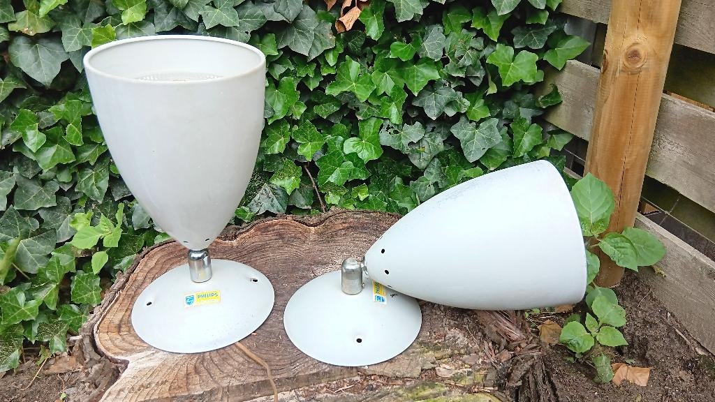 2 Vintage Philips industriële lampen spots (L36), Gebruikt, Metaal of Aluminium, Ophalen of Verzenden, Space age, spoednik, vintage