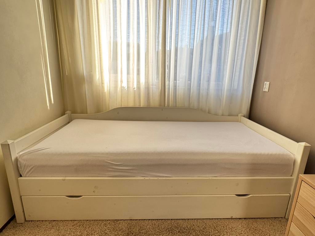 Massief houten eenpersoonsbed met onderbed en Auping bodem, Ophalen, Gebruikt, 90 cm, Eenpersoons