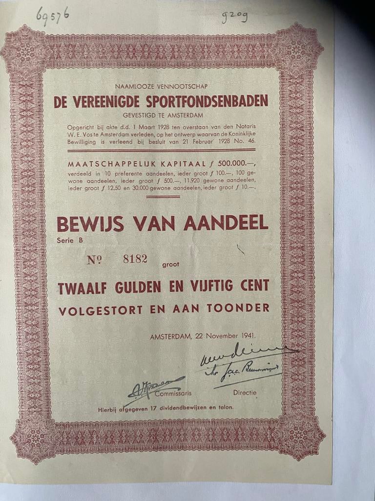 Aandeel Vereenigde Sportfondsenbaden 1941, Postzegels en Munten, Aandelen en Waardepapieren, Aandeel, 1920 tot 1950, Ophalen of Verzenden