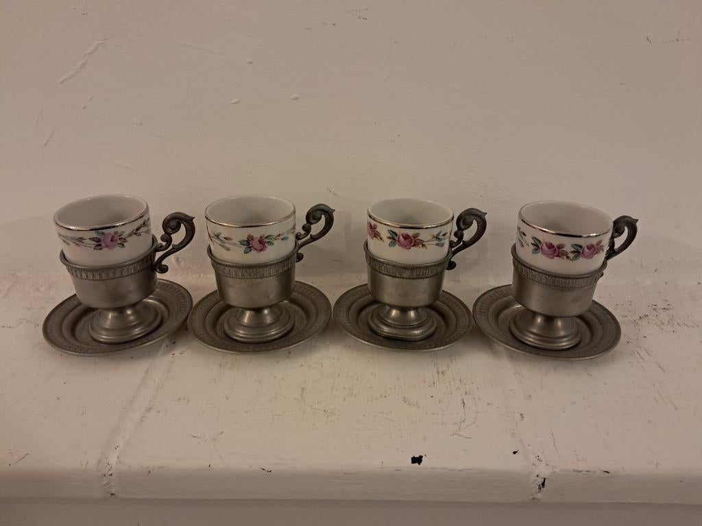 Vintage Zelzaame kopjes in tinnen houder, Antiek en Kunst, Ophalen of Verzenden
