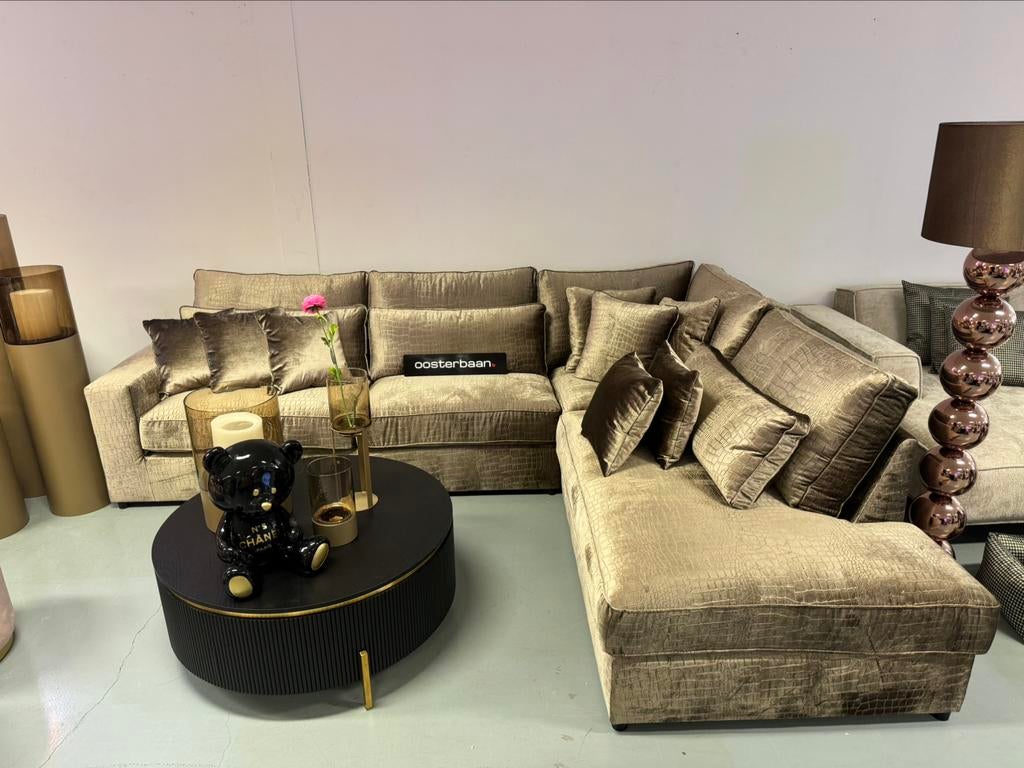 Luxe Velvet Croco Hoekbank Pocket 310x250cm NIEUW - Goud, Info@oosterbaanwonen.nl, Hoekbank, Ophalen of Verzenden, Venus 31 8448 CE Heerenveen