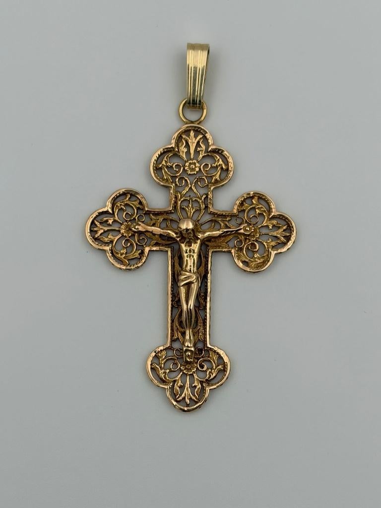 14K Goud Jezus kruis hanger (crucifix), Verzenden, Zo goed als nieuw, Kruis of Symbool, Goud