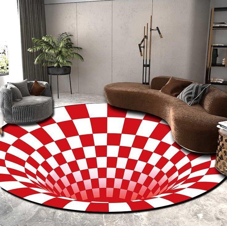 Rond Geometrisch Gat Vloerkleed 3 3D Kleed Rood Wit Diepte, Verzenden, Rond, Nieuw, Rood