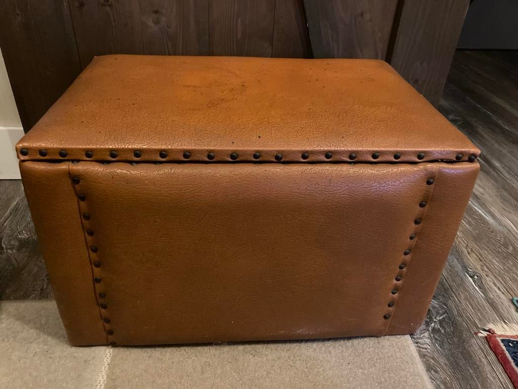 Vintage Leren opbergkist / poef - Bruin, Ophalen, Overige materialen, Gebruikt, 50 tot 100 cm