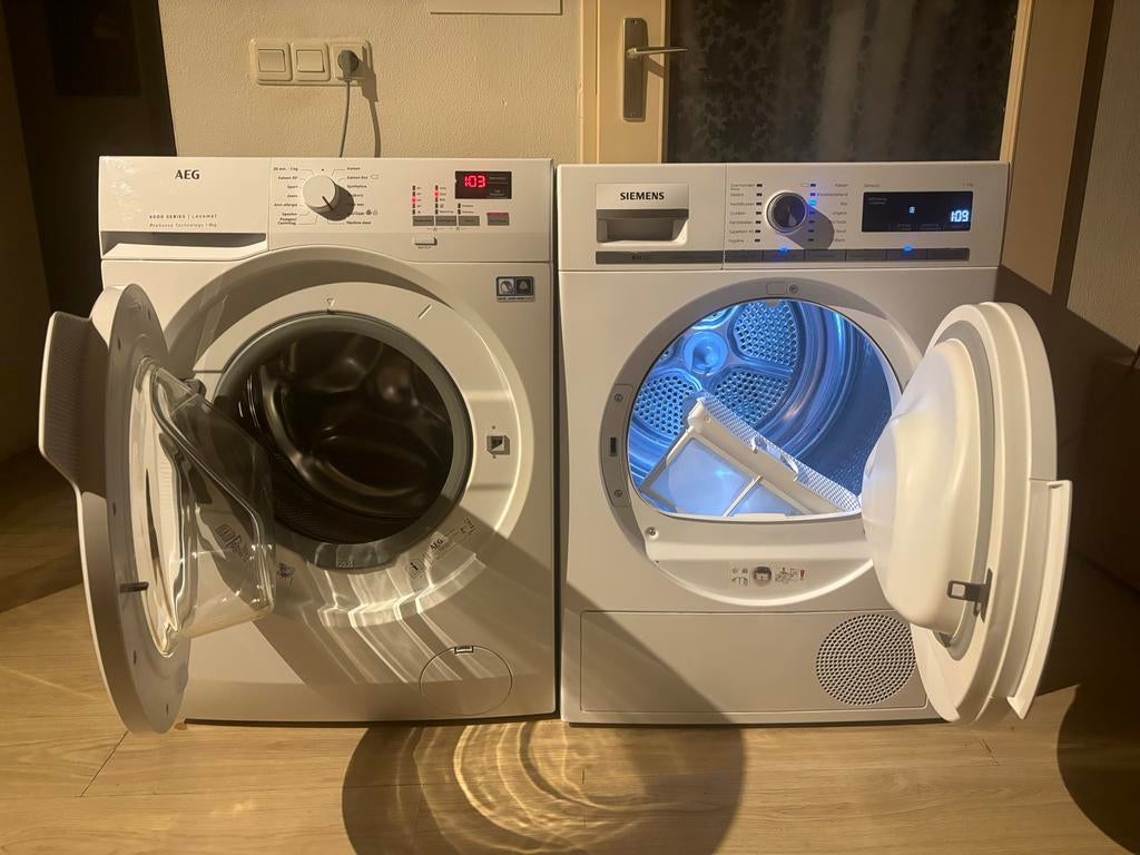9 kg Siemens Warmtepomp droger en A +++ 8 kg AEG Wasmachine, 8 tot 10 kg, Ophalen of Verzenden, Gebruikt, 85 tot 90 cm