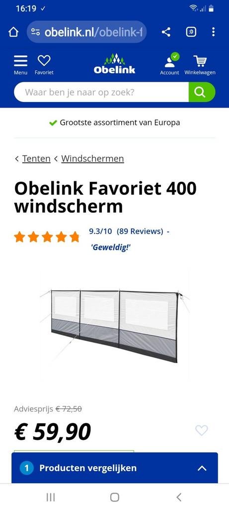 Windscherm, Caravans en Kamperen, Windschermen, Ophalen of Verzenden, Zo goed als nieuw
