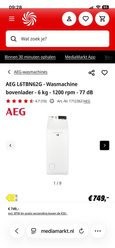 AEG 6000 Series Wasmachine Bovenlader LavaMat 6 maanden oud!, Witgoed en Apparatuur, Ophalen of Verzenden, Zo goed als nieuw, 1200 tot 1600 toeren