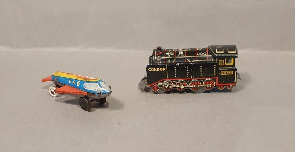 Blikken Speelgoed Treintje en Raket Duitsland 50er jaren., Antiek en Kunst, Antiek | Speelgoed, Ophalen of Verzenden