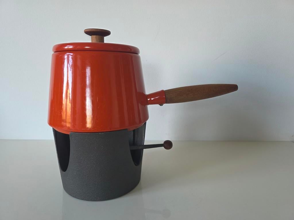 Vintage oranje Copco Denmark fondue set, Michael Lax design, Ophalen of Verzenden, Gebruikt, Gietijzer, Koekenpan of Braadpan