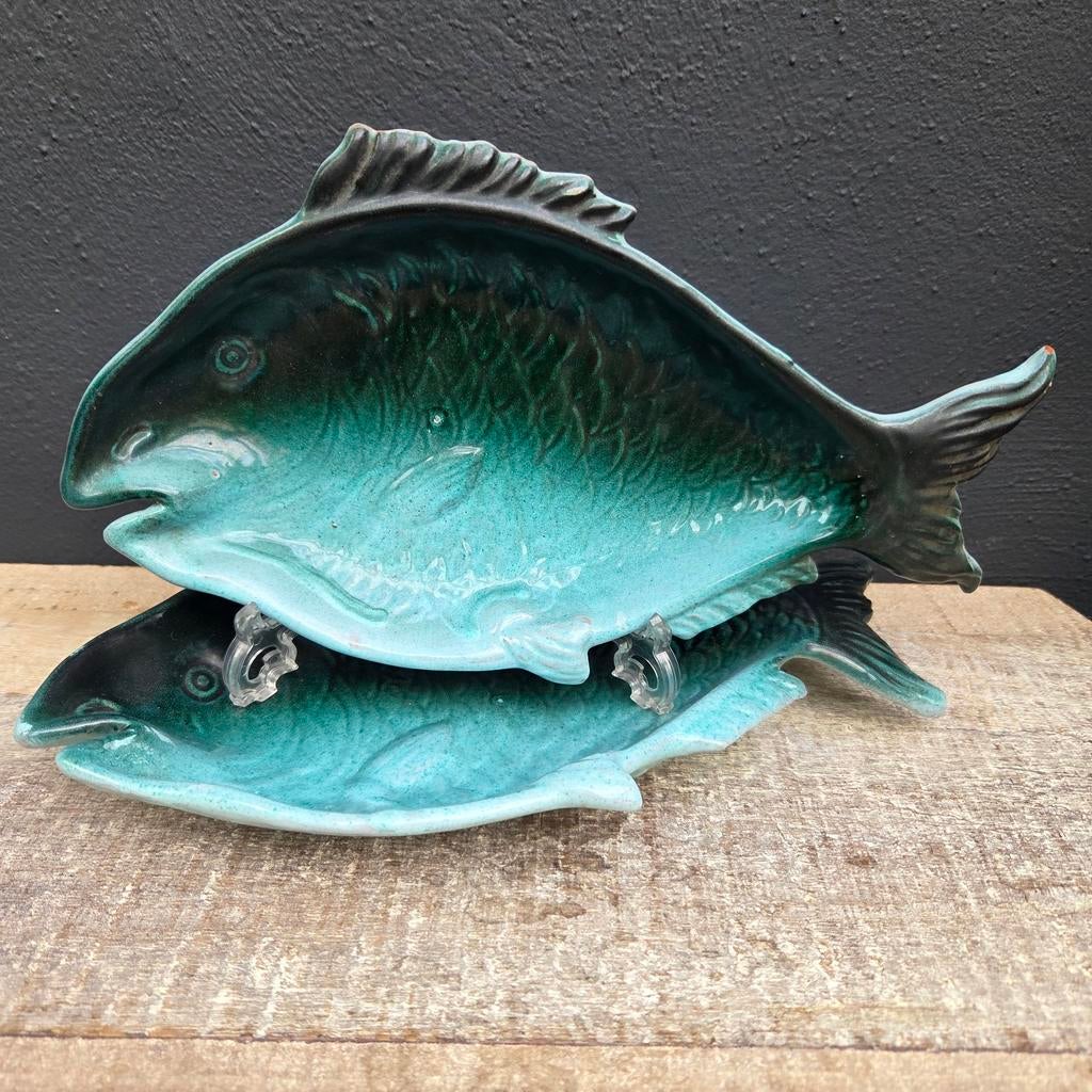 2 Vintage Keramische Vis Borden - Turquoise Glazuur, Antiek en Kunst, Ophalen of Verzenden