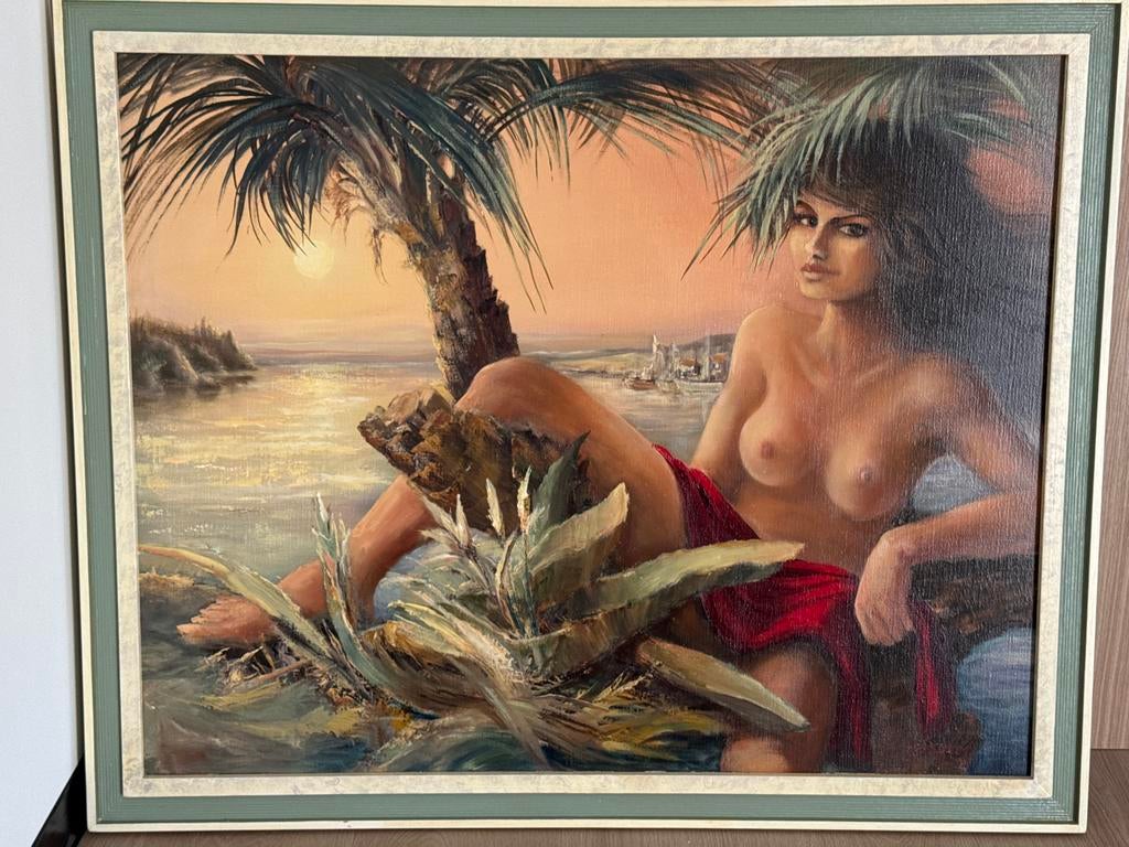 Schilderij: Tropisch landschap met vrouw en palmboom, Antiek en Kunst, Ophalen of Verzenden