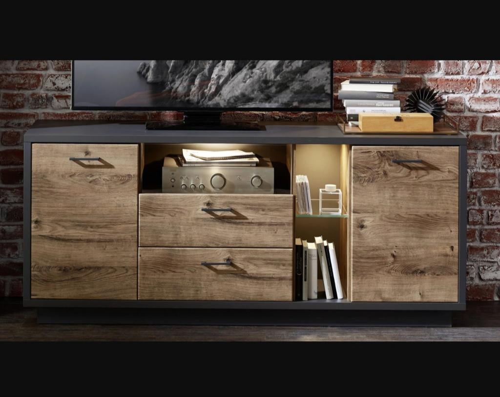 Tv-meubel met verlichting, Ophalen, Gebruikt, Glas, 150 tot 200 cm