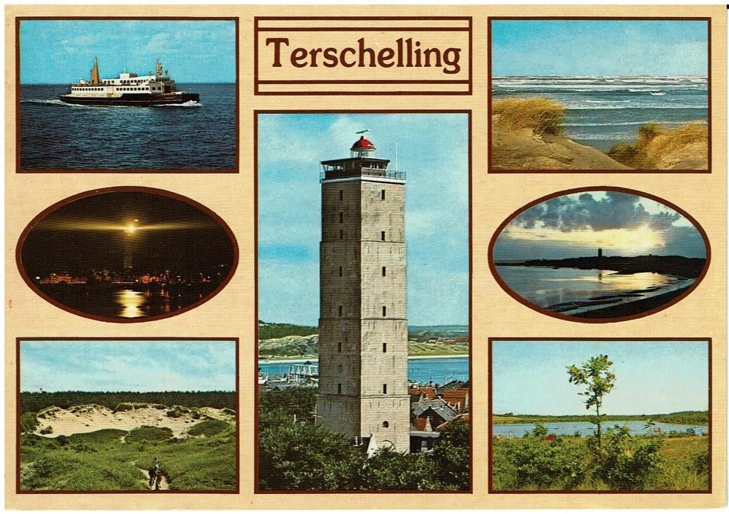 Ansichtkaart Terschelling, Brandaris, veerboot, duin, Verzamelen, Ophalen of Verzenden, 1980 tot heden, Gelopen, Waddeneilanden