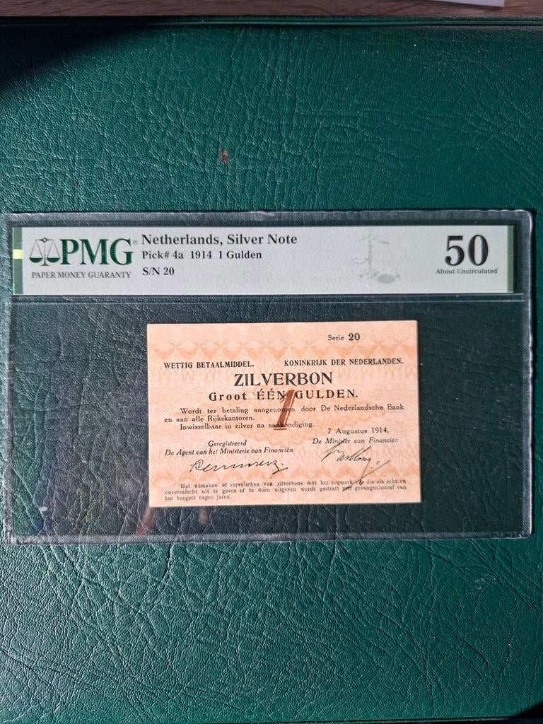 1 Gulden zilverbon 1914 PMG50, Ophalen of Verzenden, 1 gulden, Los biljet