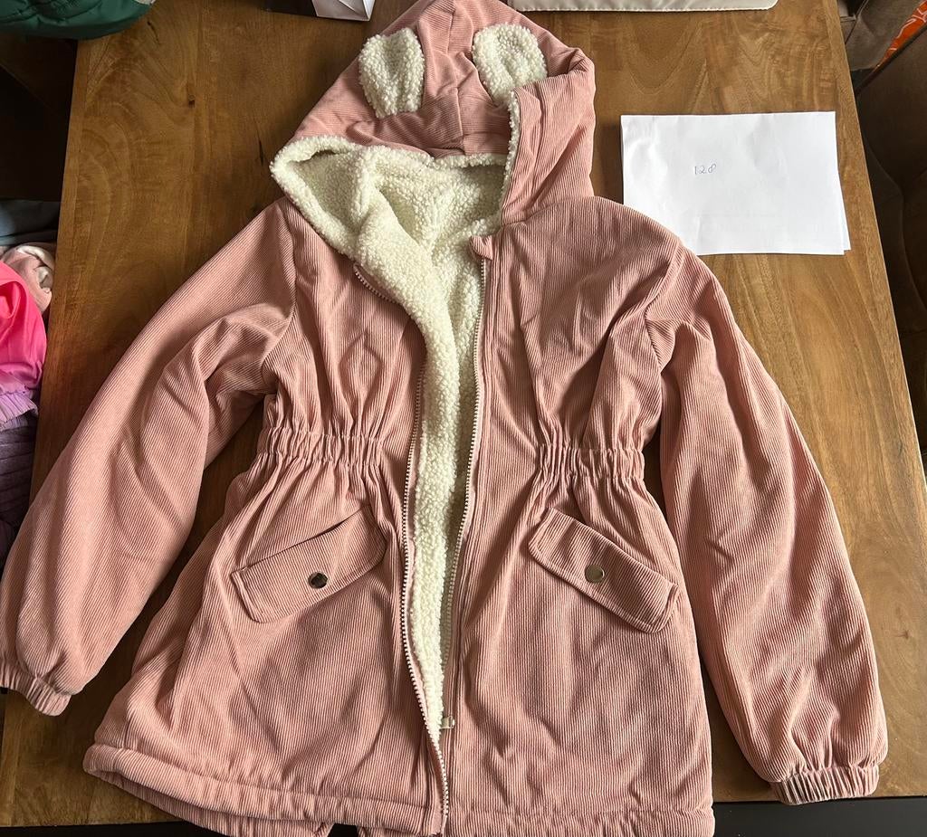 Gevoerde corduroy jas met oortjes zachtroze maat 128, Ophalen of Verzenden, Zo goed als nieuw, Meisje, Jas