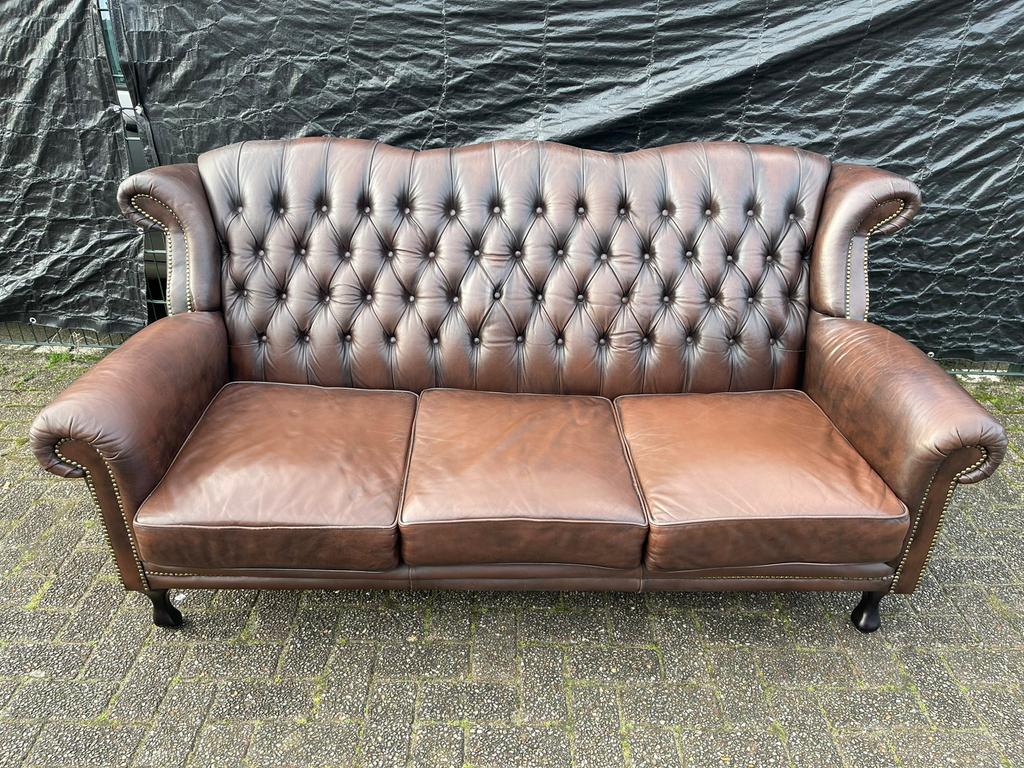 Prachtige Chesterfield bank hoge rug bruin gevlamd, Ophalen of Verzenden, Zo goed als nieuw, 75 tot 100 cm, Leer