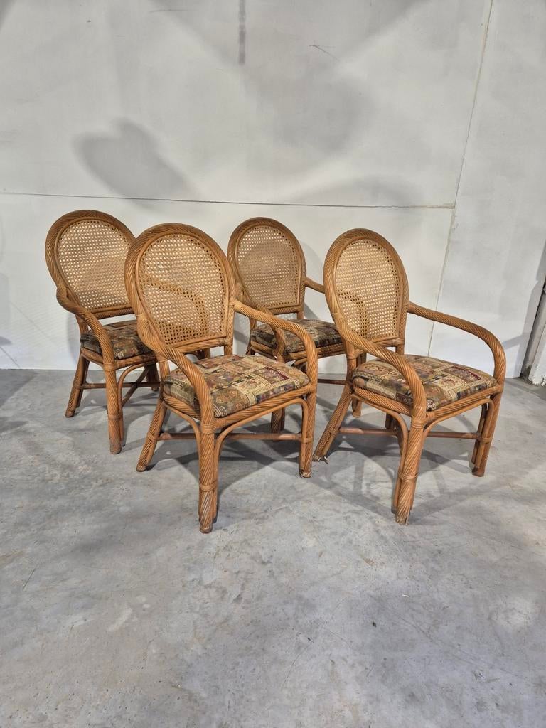 4 rotan bamboe boho vintage stoelen webbing design, Huis en Inrichting, Stoelen, Gebruikt, Twee, Bruin, Ophalen