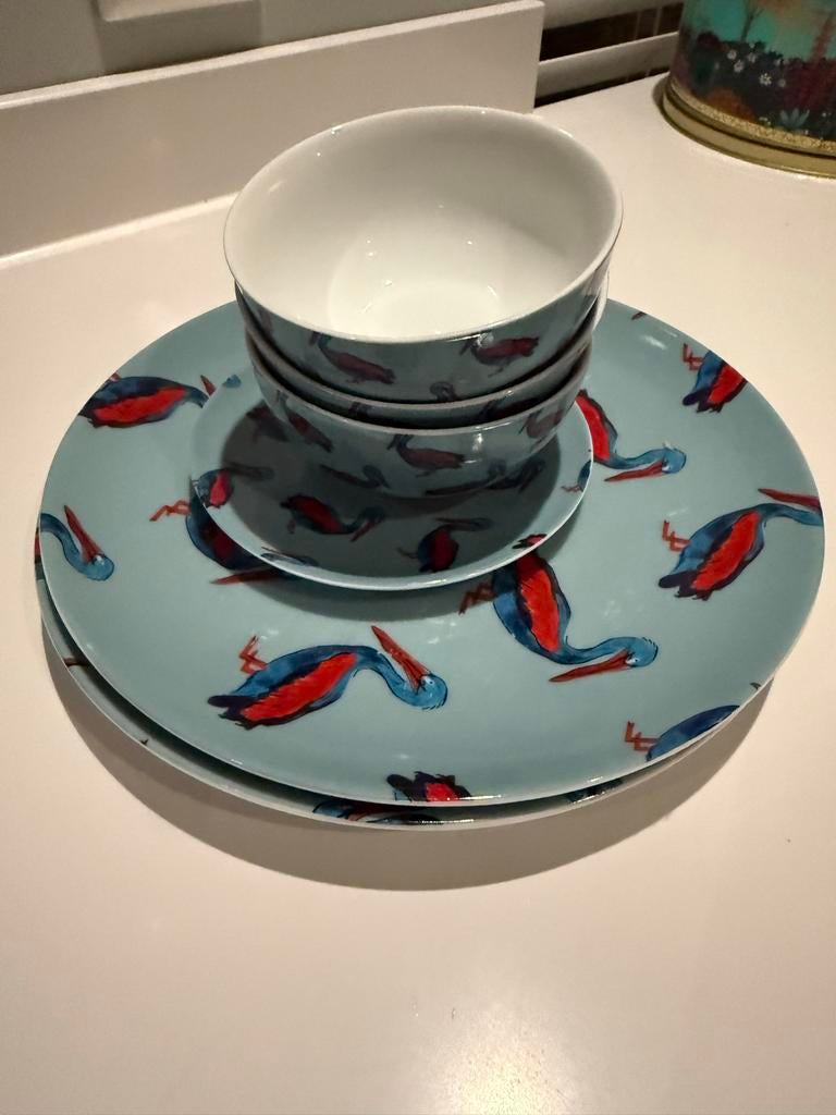 Fabienne Chapot Servies met Reiger Motief, Huis en Inrichting, Keuken | Servies, Ophalen, Gebruikt, Overige stijlen, Kop(pen) en/of Schotel(s)