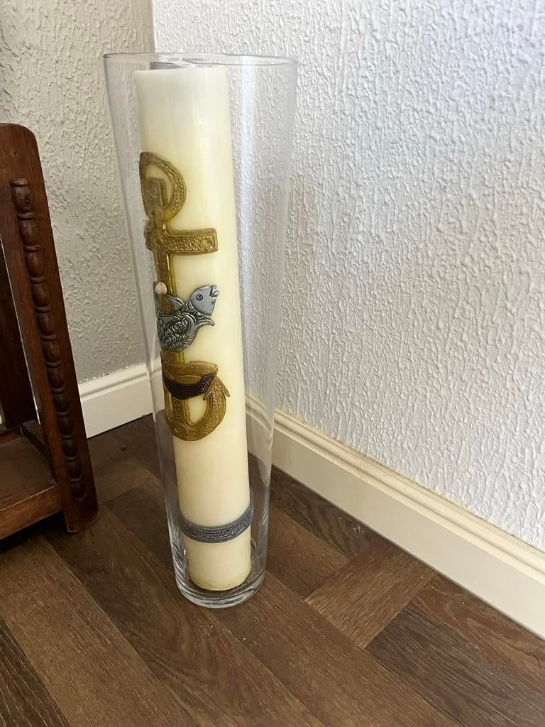 Paaskaars in glazen vaas, Huis en Inrichting, Ophalen, Overige materialen, Gebruikt, 50 tot 75 cm