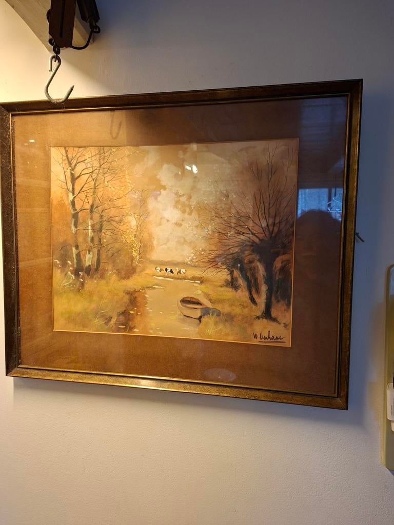 Antieke gouache/aquarel van W. Verhave - Landschap met boot, Ophalen