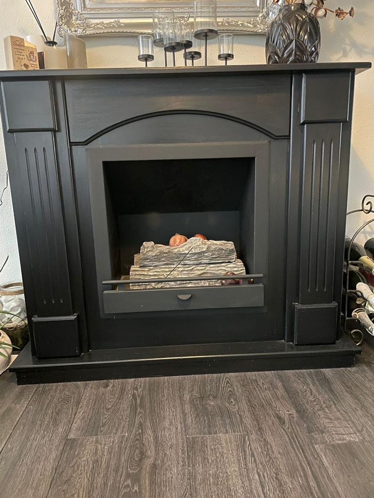 Zwarte sfeerhaard met schouw - Elektrisch, Ophalen, Gebruikt, Vrijstaande haard, Elektrische haard