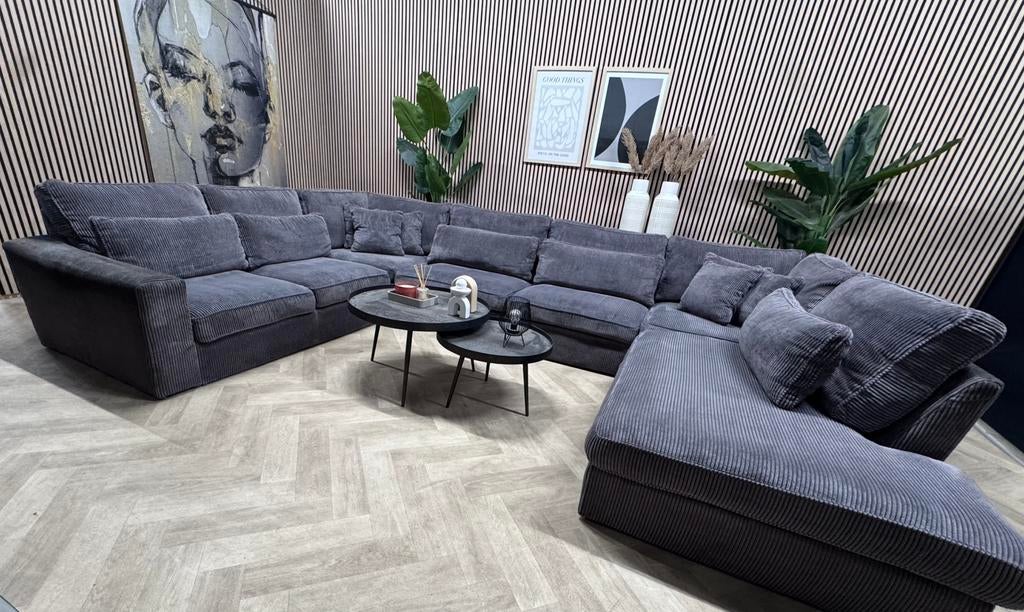 Royale Ribstof U-Bank / Hoekbank - Grijs - 398cm