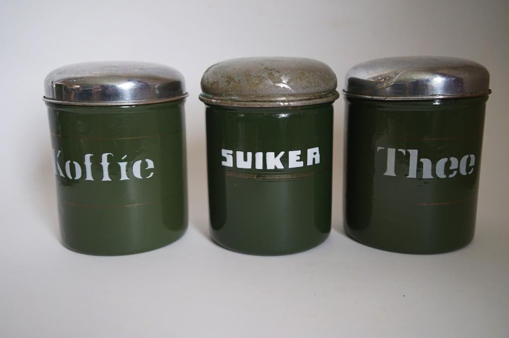 antiek koffie thee zwaar 3x emaille bus donkergroen goud set, Ophalen of Verzenden, Gebruikt, Overige, Overige merken