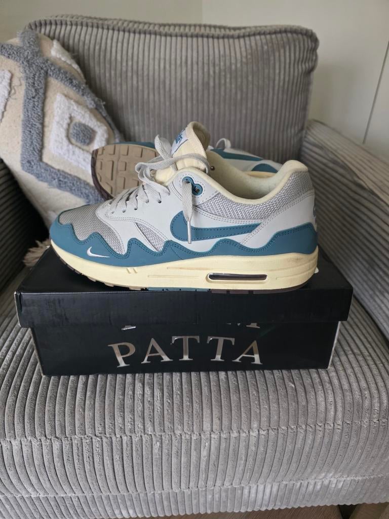 Nike Patta Air Max 1 Metallic Silver Noise Aqua Maat 43, Blauw, Ophalen of Verzenden, Nike Patta, Sneakers of Gympen