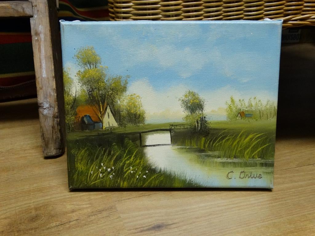 mooi klein olieverf schilderij boerderij Hollands landschap, Ophalen of Verzenden