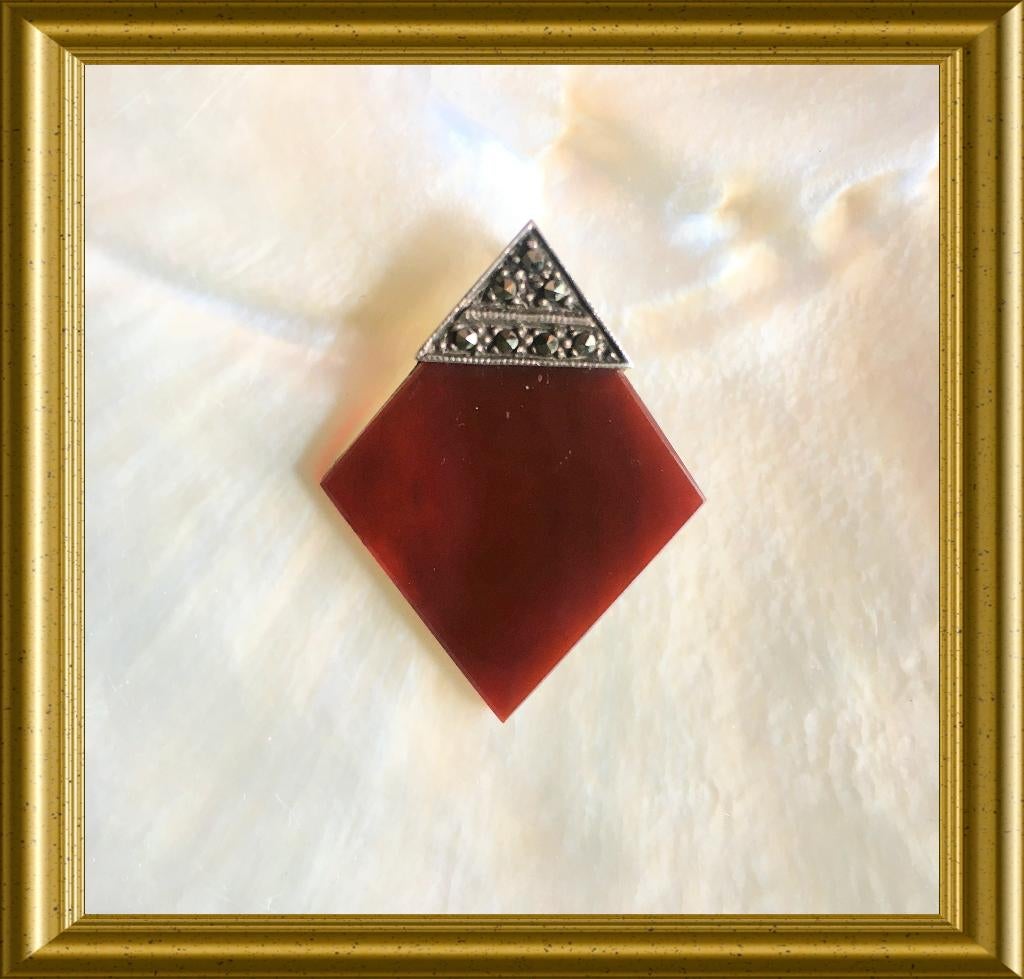 Art deco zilveren hanger: carneool en markasiet, Ophalen of Verzenden, Zilver, Hanger, Met edelsteen