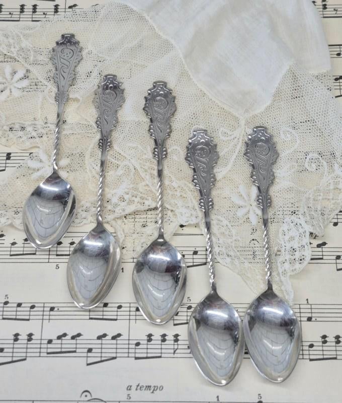 5 verzilverde hanenkam lepeltjes, Ophalen of Verzenden