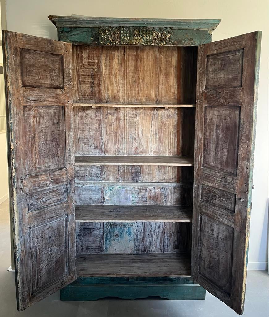 Unieke handgesneden Indiase kast - Vintage look, Ophalen, Gebruikt, 50 tot 100 cm, 150 tot 200 cm