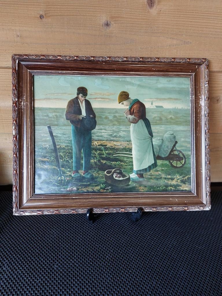 Oud schilderij reproductie Angelus Jean François Millet, Ophalen of Verzenden