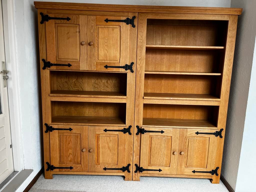 Massief eikenhouten boekenkast met smeedijzer, Ophalen, 200 cm of meer, 150 tot 200 cm, Eikenhout