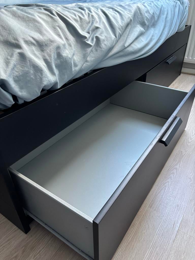 Ikea BRIMNES bed zwart met opberglades en lattenbodem, Ophalen, Zwart, Tweepersoons, 140 cm