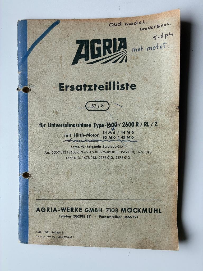 Agria Ersatzteilliste, Gelezen, Ophalen of Verzenden, Catalogus, Agria-Werke GmbH